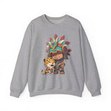 Chibi Aztec Warrior and Jaguar Cub Cartoon Unisex Sweatshirt