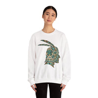 A Turquoise and Gold Mayan Warrior Face Unisex Sweatshirt