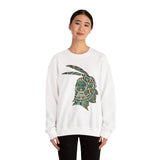 A Turquoise and Gold Mayan Warrior Face Unisex Sweatshirt