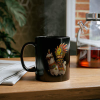 Cute Chibi Inca Warrior and Llama Cartoon Black Mug