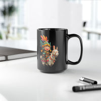 Chibi Inca Warrior Riding Llama Cartoon Black Mug