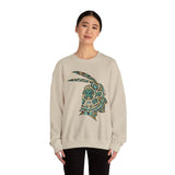 A Turquoise and Gold Mayan Warrior Face Unisex Sweatshirt