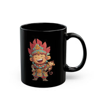 Chibi Maya Warrior and Sacred Monkey Black Mug