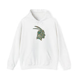 A Turquoise and Gold Mayan Warrior Face Unisex Hoodie