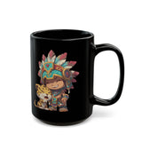 Chibi Aztec Warrior and Jaguar Cub Cartoon Black Mug