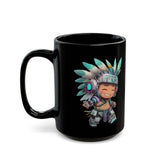 Cyber Aztec Chibi Warrior Neon Style Black Mug