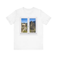 Funny Llama at the Window with Machu Picchu View Unisex T-Shirt