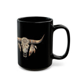 Boho Aztec Feathered Bull Skull Illustration Black Mug