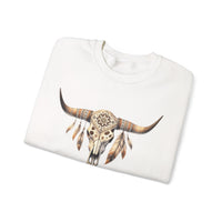Boho Aztec Feathered Bull Skull Illustration Unisex Sweatshirt