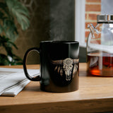 Boho Aztec Feathered Bull Skull Illustration Black Mug