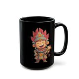Chibi Maya Warrior and Sacred Monkey Black Mug