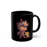 Chibi Aztec Warrior with Jaguar Cub Cartoon History Black Mug