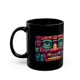Neon Aztec Mask God Illustration Black Mug