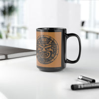 Mayan Jaguar Deity Woodcut Style Black Mug
