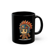 Chibi Aztec Warrior Cartoon Style Black Mug