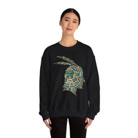 A Turquoise and Gold Mayan Warrior Face Unisex Sweatshirt