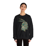 A Turquoise and Gold Mayan Warrior Face Unisex Sweatshirt