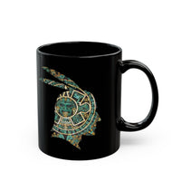 A Turquoise and Gold Mayan Warrior Face Black Mug