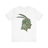 A Turquoise and Gold Mayan Warrior Face Unisex T-Shirt
