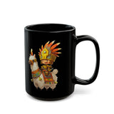 Cute Chibi Inca Warrior and Llama Cartoon Black Mug