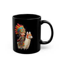 Colorful Chibi Inca Rider and Fluffy Llama Black Mug