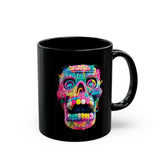 Neon Graffiti Mayan Skull Cartoon Style Black Mug