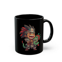 Chibi Aztec Warrior with Baby Quetzalcoatl Serpent Black Mug