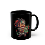 Chibi Aztec Warrior with Baby Quetzalcoatl Serpent Black Mug