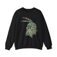 A Turquoise and Gold Mayan Warrior Face Unisex Sweatshirt