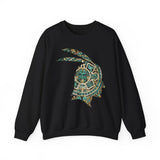 A Turquoise and Gold Mayan Warrior Face Unisex Sweatshirt