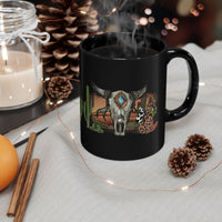 Sunset Desert Scene with Aztec Tribal Skull Black Mug