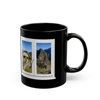 Funny Llama at the Window with Machu Picchu View Black Mug