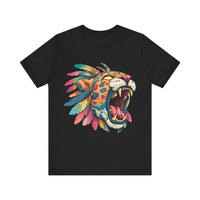 Comic Style Jaguar Mask with Rainbow Feathers Unisex T-Shirt