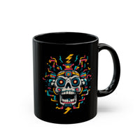 Funny Aztec Skull with Neon Circuits Black Mug