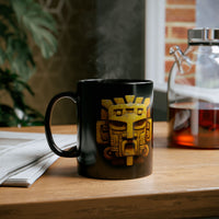Golden Warrior Mask Andean Glyph Style Black Mug