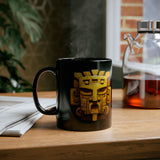 Golden Warrior Mask Andean Glyph Style Black Mug
