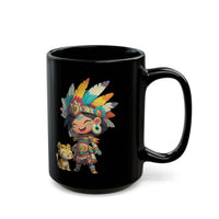 Aztec Chibi Girl with Jaguar Cub Warrior Culture Black Mug