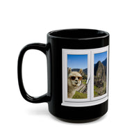 Funny Llama at the Window with Machu Picchu View Black Mug