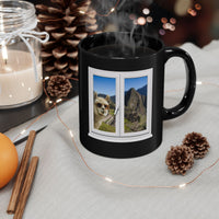 Funny Llama at the Window with Machu Picchu View Black Mug