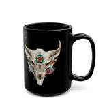Sacred Floral Cow Skull Mandala Illustration Black Mug