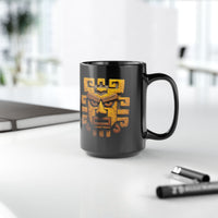 Ancient Andean Warrior Mask Golden Glyph Style Black Mug