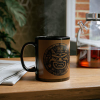 Mayan Jaguar Deity Woodcut Style Black Mug