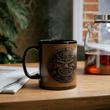 Mayan Jaguar Deity Woodcut Style Black Mug