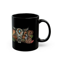 Sunset Desert Scene with Aztec Tribal Skull Black Mug