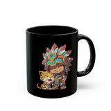 Chibi Aztec Warrior and Jaguar Cub Cartoon Black Mug