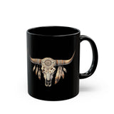 Boho Aztec Feathered Bull Skull Illustration Black Mug