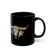 Boho Aztec Feathered Bull Skull Illustration Black Mug