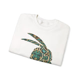 A Turquoise and Gold Mayan Warrior Face Unisex Sweatshirt