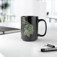 A Turquoise and Gold Mayan Warrior Face Black Mug