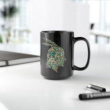 A Turquoise and Gold Mayan Warrior Face Black Mug